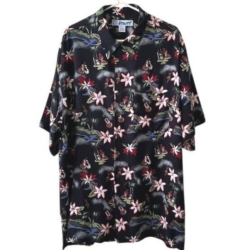 Utility Mens Hawaiian Shirt‎ XL Black Tropical Floral Palm Tree Ukulele Vintage